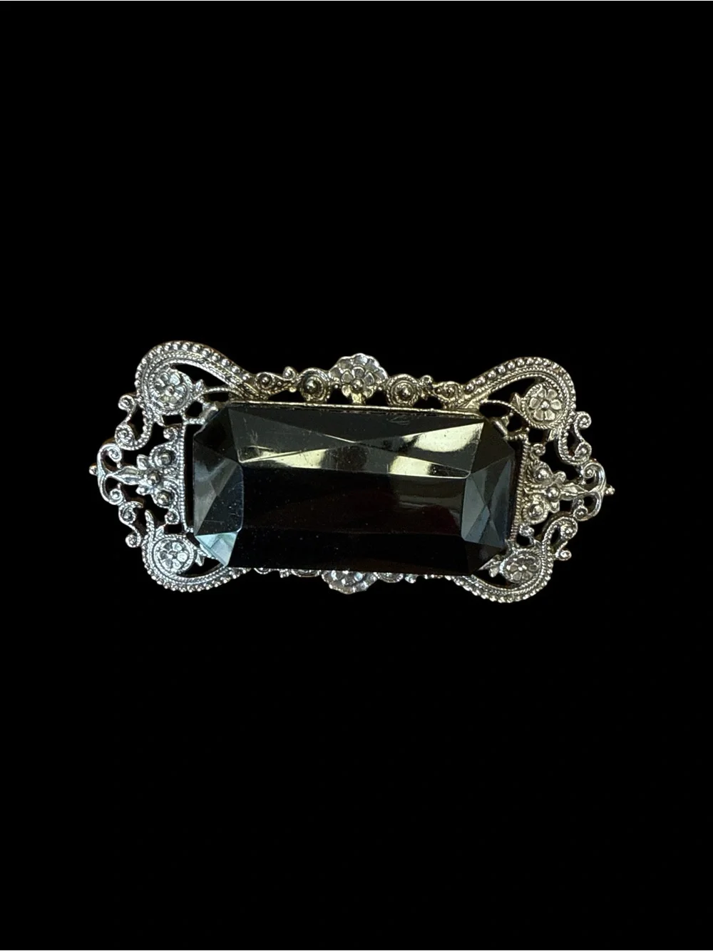 VTG Sarah Coventry Celebrity Black Smoky Glass Filigree Bar Brooch Pin - Picture 3 of 8